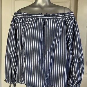 J Crew Off  The Shoulder Top Blouse Women Size 12. Blue White Stripe 100% Cotton